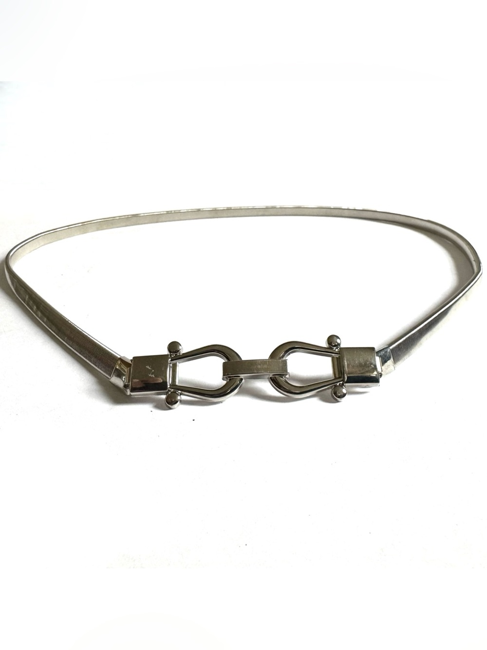 Vtg Silver Tone Horsebit Stretch Waist Belt S Equestrian Preppy Glam Retro